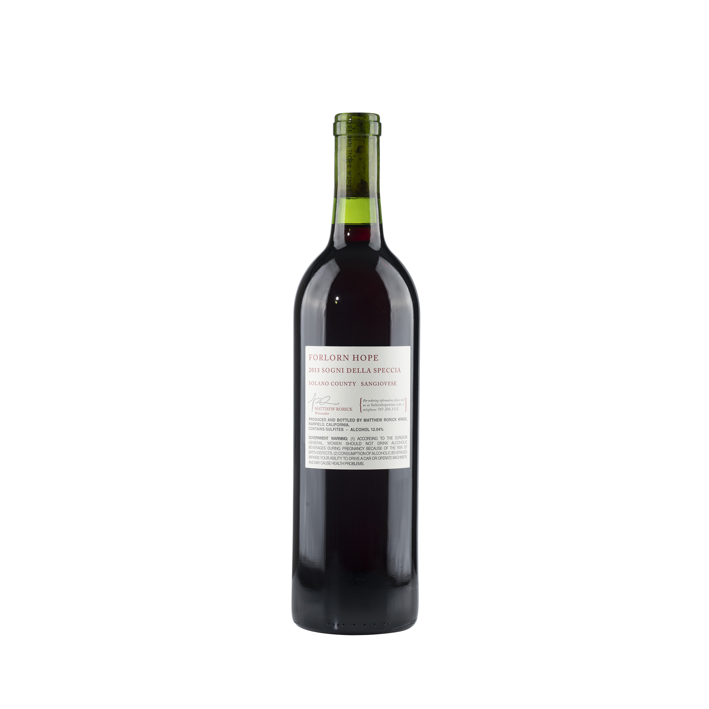 Sogni Della Speccia' Shale Peak Vineyard 2013 Bottle Back